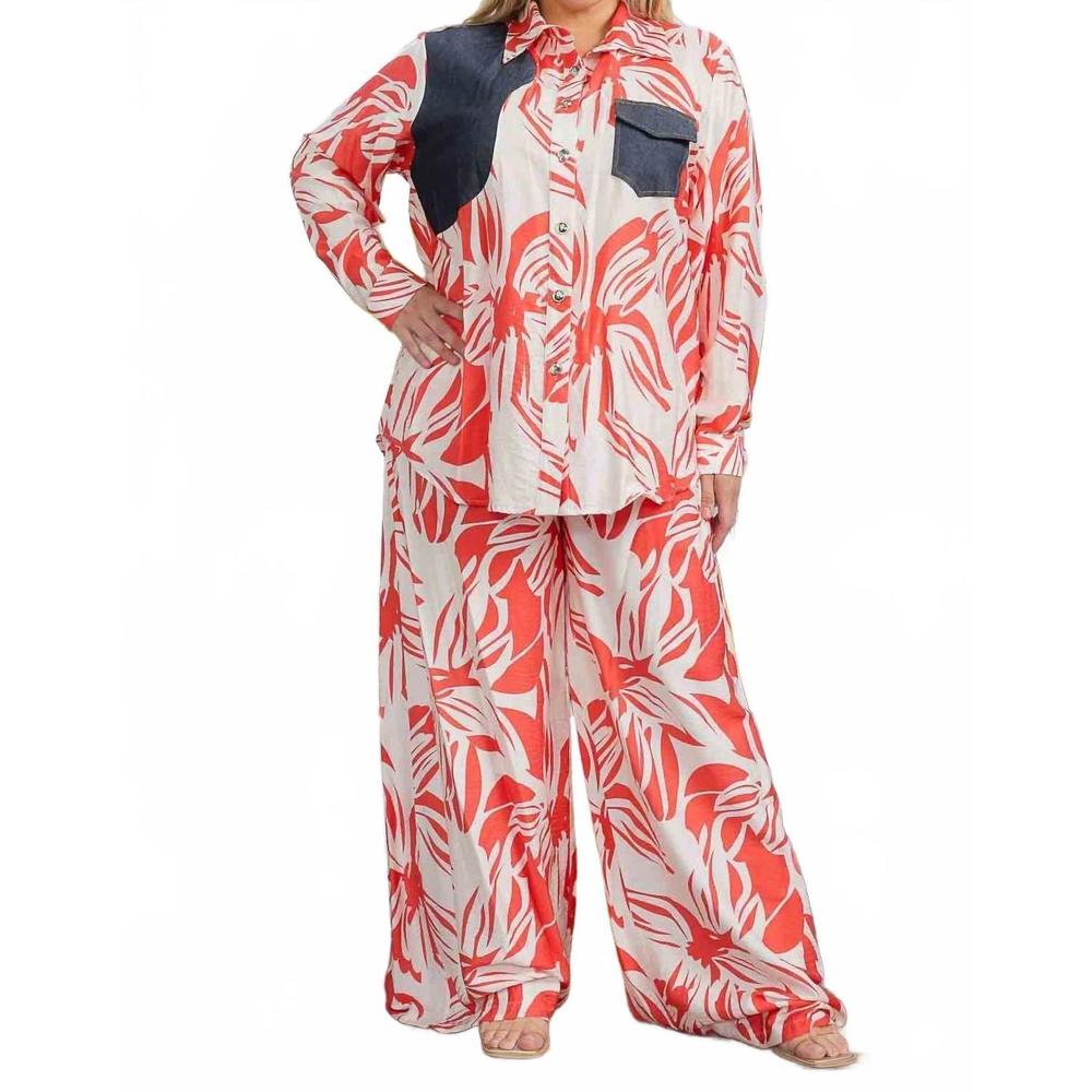 NEW KAREN T DESIGN pocket patch shirt and wide leg pants in multicolor